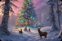 Majestic Christmas Tree In A Magical Forest With Reindeer Stationery, Backgrounds