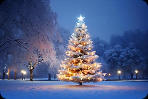 Elegant Christmas Tree Under Snowy Sky Stationery, Backgrounds